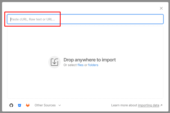 Pasting the API collection file URL into the Postman import modal text box
