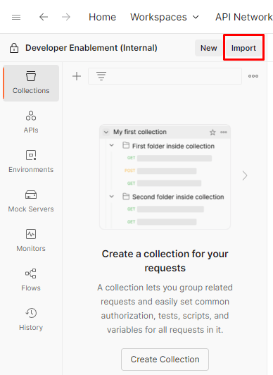 Clicking the Import button in the Postman workspace to import the API collection