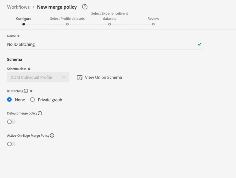 Merge policy configuration screen with No ID Stitching settings entered
