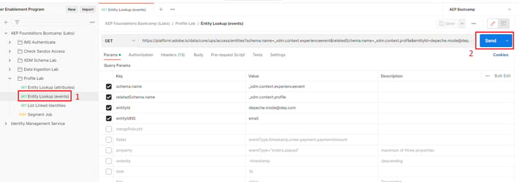 Postman request pane for the Entity Lookup (events) call before sending
