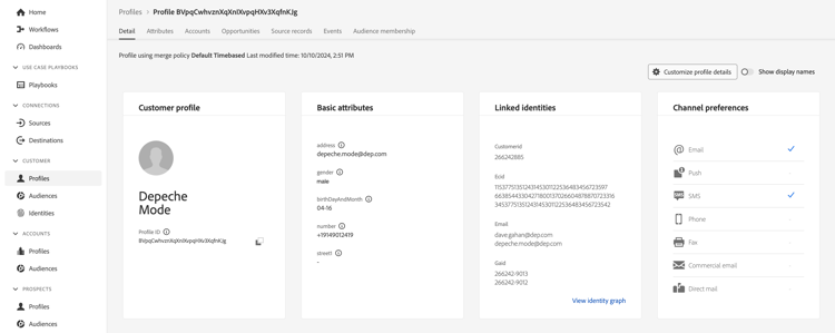 Depeche Mode profile detail page after looking it up by email