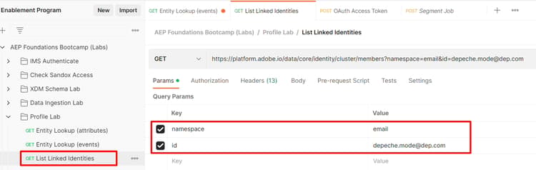 Postman request pane for the List Linked Identities call before sending