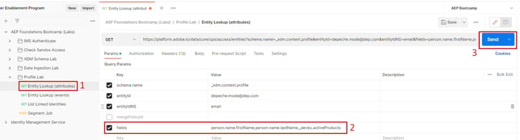 Entity Lookup (attributes) request with the fields parameter enabled to filter the response