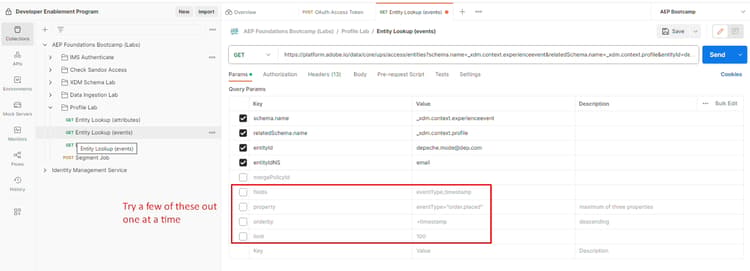 Entity Lookup (events) request with additional query parameters enabled in the Params section