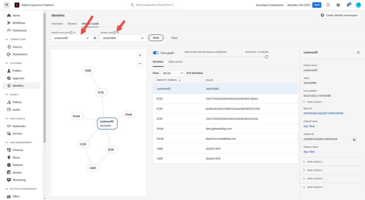 Identity graph view showing the same graph after searching by customerID instead of email