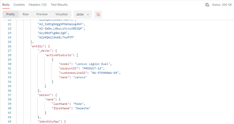 Filtered 200 OK response showing only First Name, Last Name, and Active Products fields
