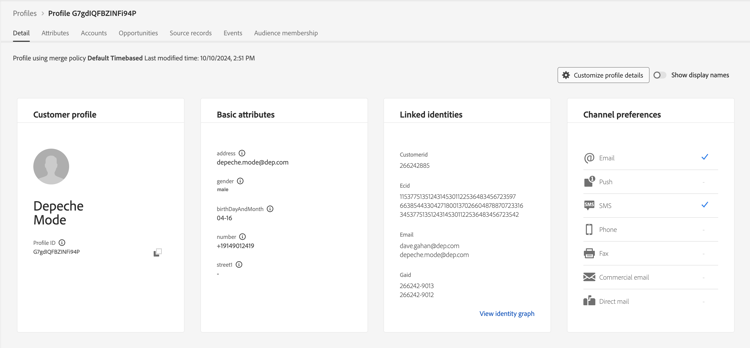 Depeche Mode profile detail page after looking it up by customerID, matching the earlier email lookup