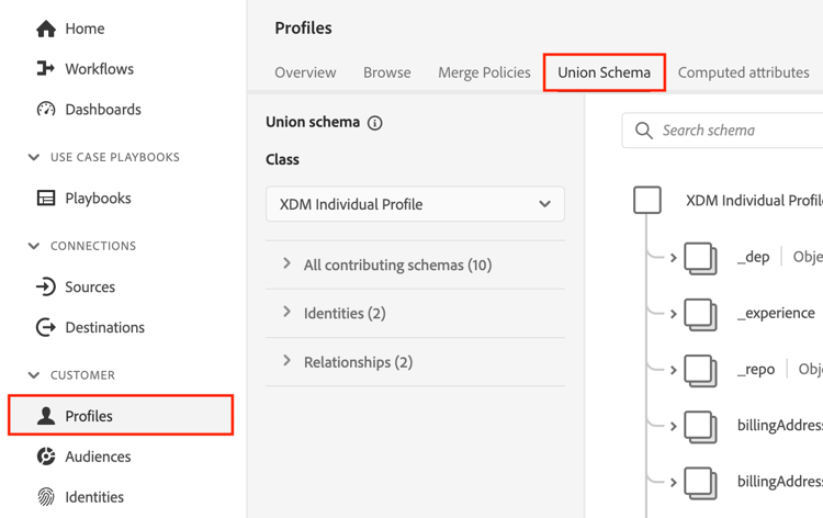 Union Schema view under the Profiles top navigation