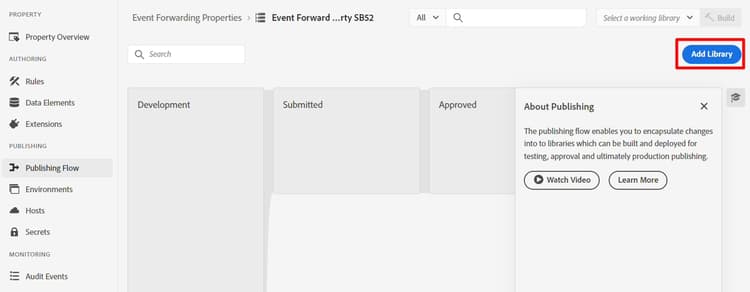Publishing Flow page with the Add Library button highlighted