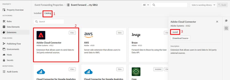 Extension Catalog with the Adobe Cloud Connector card and Install button highlighted