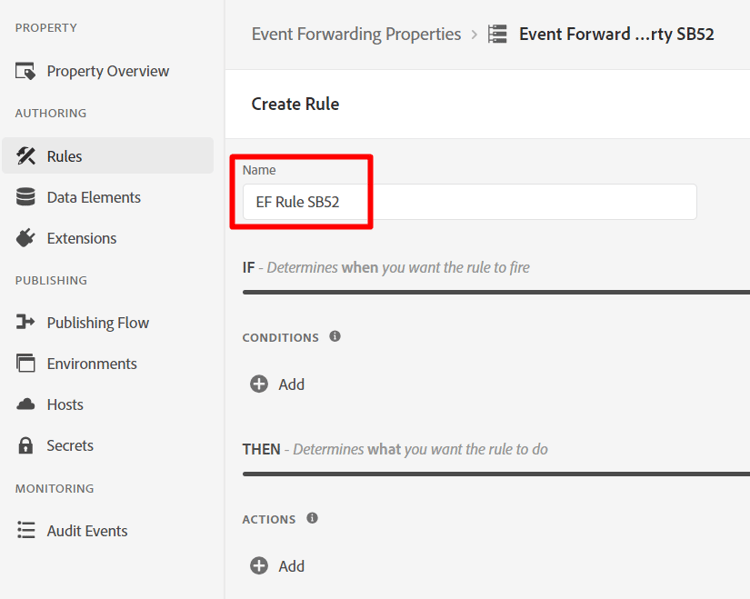 Rule name field filled in with the EF Rule sandbox naming pattern