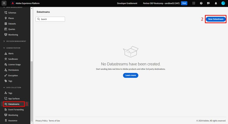 Datastreams list with the New Datastream button highlighted