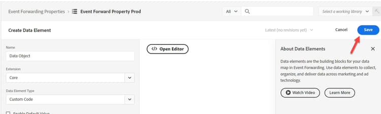 Data element editor with the Save button highlighted