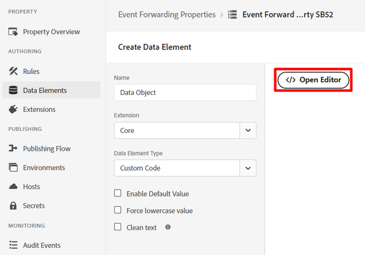 Data element settings with the Open Editor button highlighted for custom code