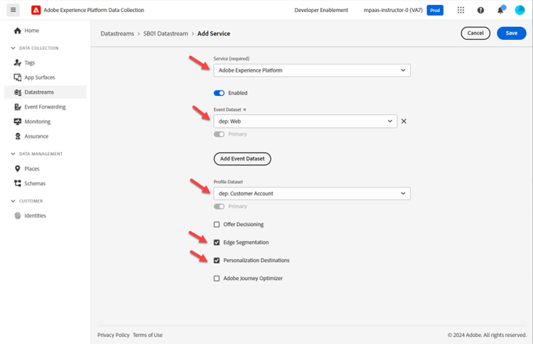 Adobe Experience Platform service configuration with event dataset, profile dataset, and segmentation checkboxes set