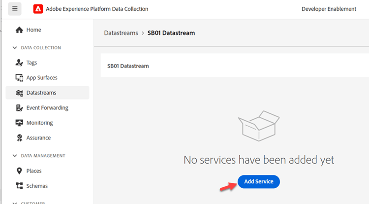 Datastream detail page with the Add Service button highlighted