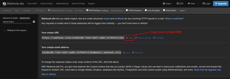 Webhook.site page with the unique URL highlighted for copying