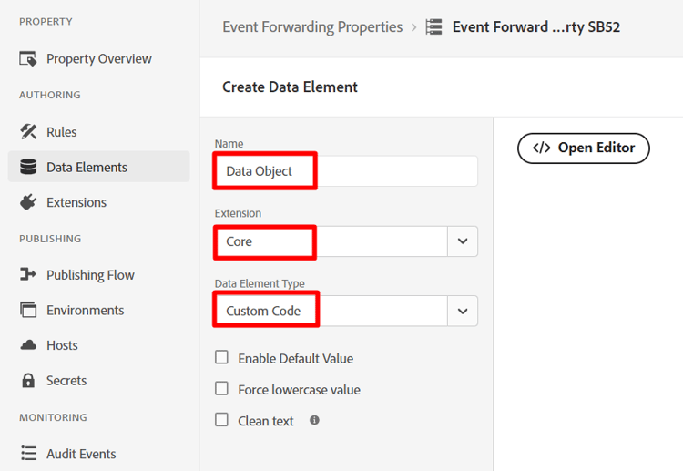 Data element configuration with Name, Extension, and Data Element Type fields set