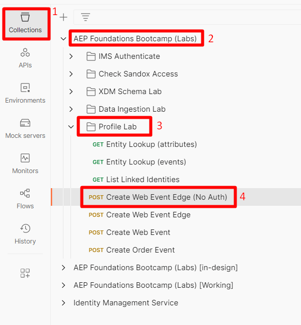 Postman sidebar navigation to the Create Web Event Edge (No Auth) API request in the Profile Lab folder
