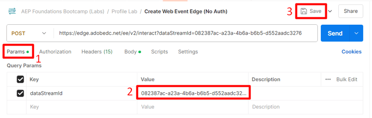 Postman Params tab with the datastream ID value pasted into the Value field