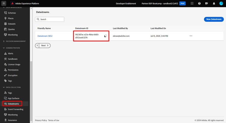 Datastreams list with the Datastream ID value highlighted for copying