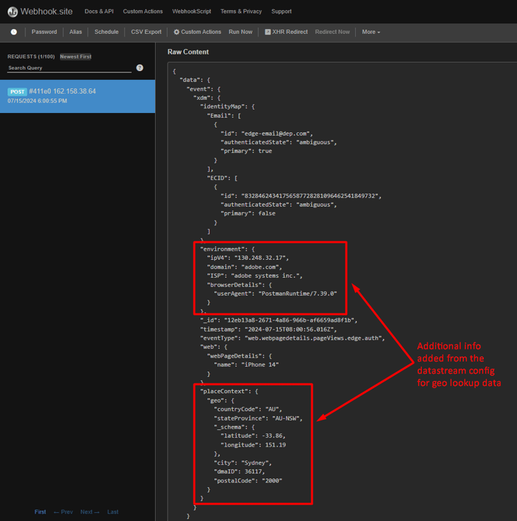 Webhook.site showing the forwarded event payload received from Event Forwarding
