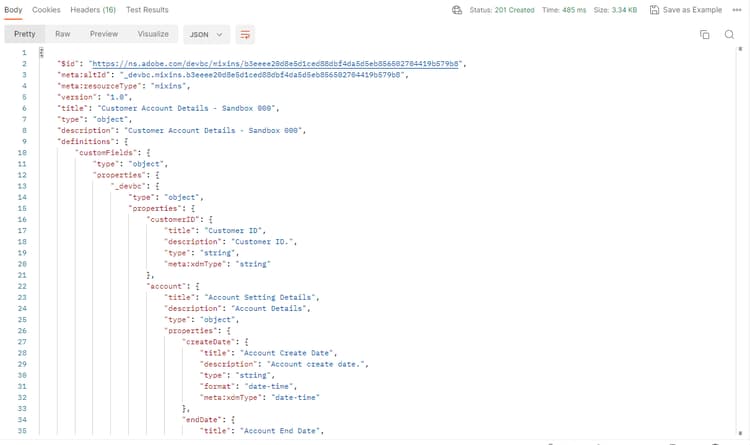 Successful API response after creating the custom field group