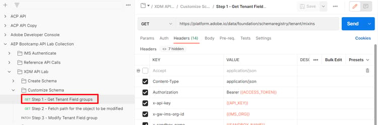 Step 1 - Get Tenant Field Groups API request