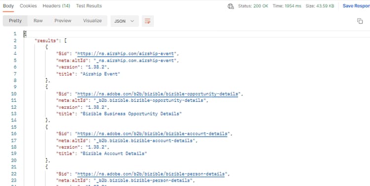 API response listing XDM standard field groups
