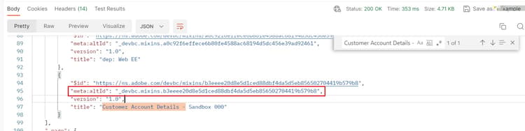 Locating the custom Customer Account Details field group in the API response