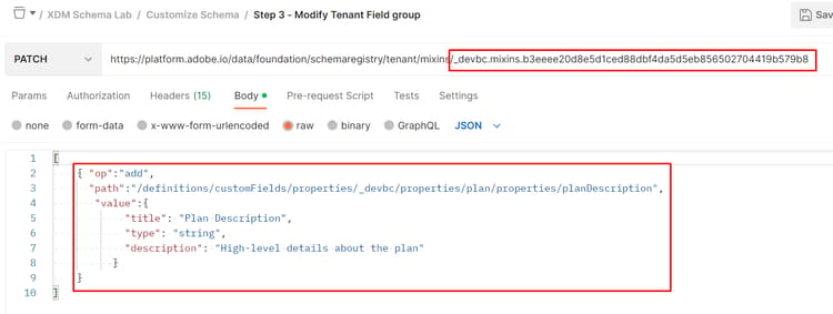 Completed JSON PATCH request body adding the planDescription field
