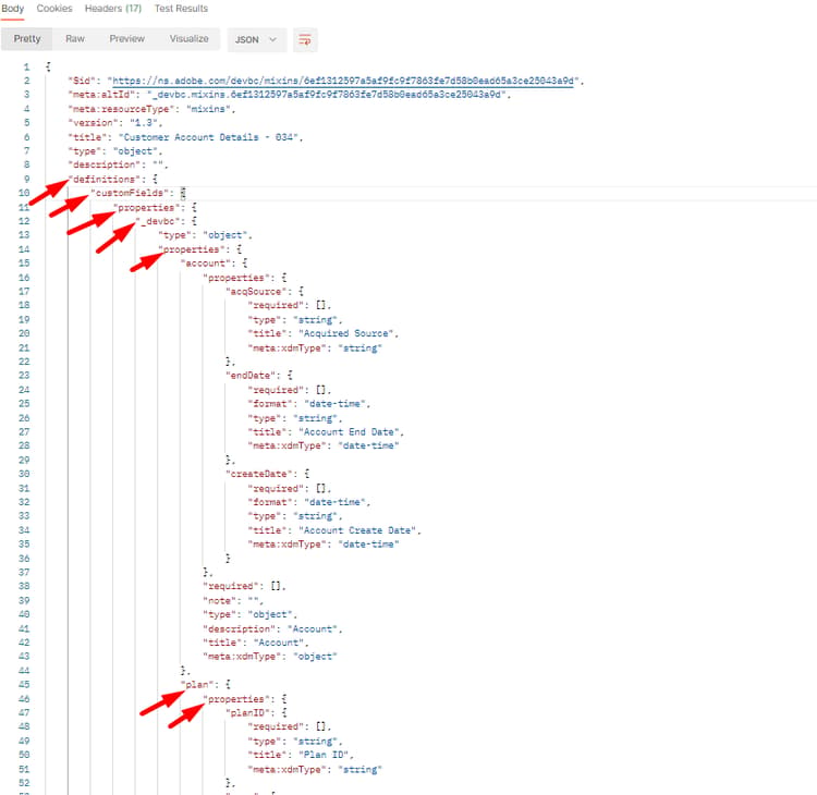 Highlighted properties composing the JSON pointer path to the plan object