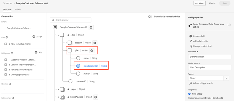 Plan Description field visible in the schema after JSON Patch in the Experience Platform UI