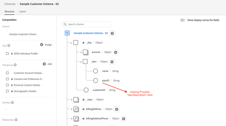 Diagram of patching a missing planDescription field into an existing schema