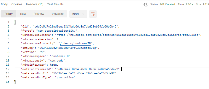 201 Created response after successfully creating primary identity descriptor