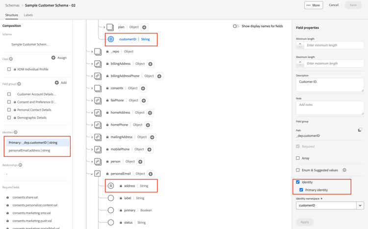 Customer Account schema after creating primary and non-primary identity descriptors