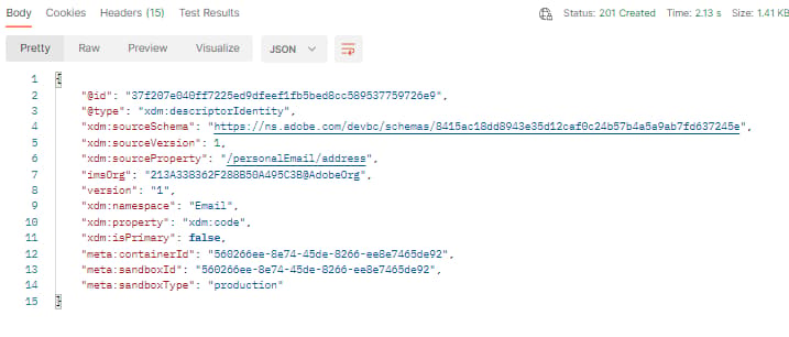201 Created response after successfully creating email address identity descriptor