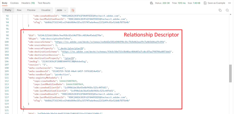 Relationship descriptor visible in the Customer Account schema JSON