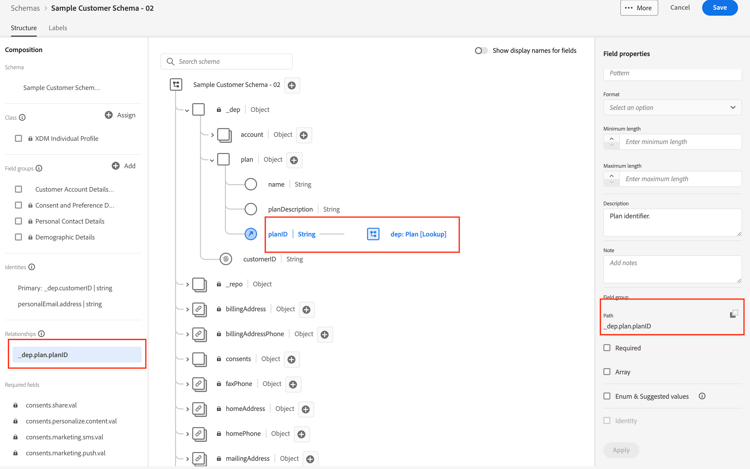 Sample Customer Schema in the Experience Platform UI showing the dep: Plan Lookup relationship
