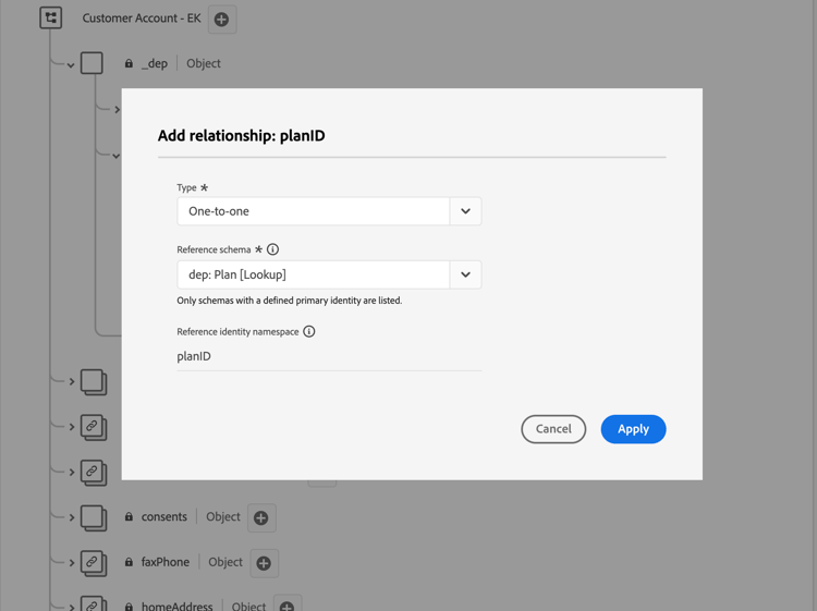 Defining a one-to-one relationship to the dep: Plan Lookup schema