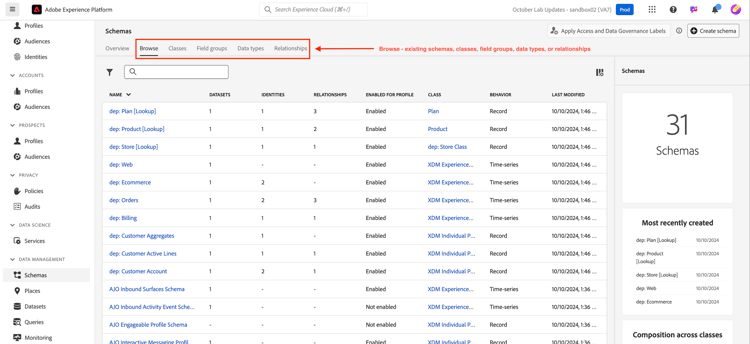 Top navigation options to browse schemas, field groups, and data types
