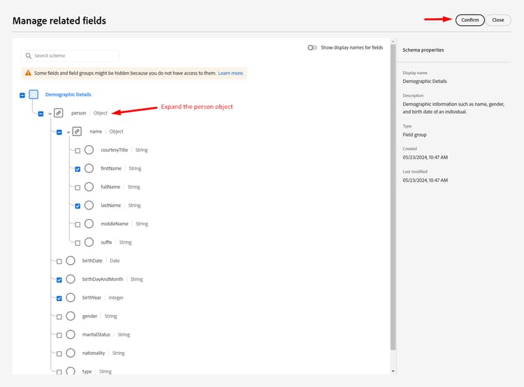 Manage related fields dialog showing selected Demographic Details person fields