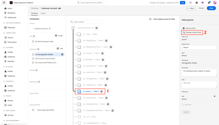 Manage related fields option for the person object in the Demographic Details field group