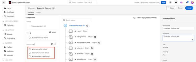 Schema after adding Demographic Details, Personal Contact Details, and Consent and Preference Details field groups