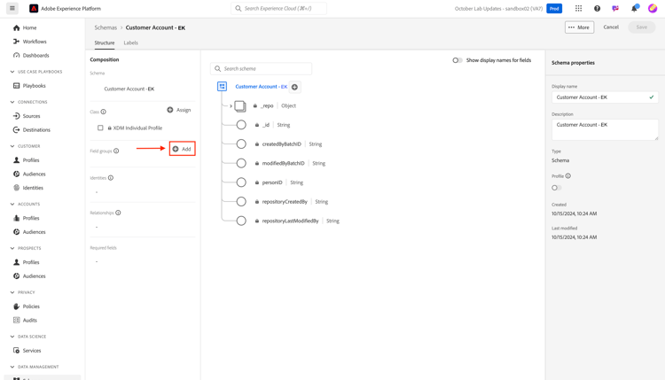 Add field group button in the left rail