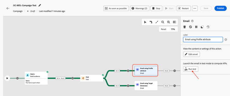 Run test for Email using Profile attribute activity