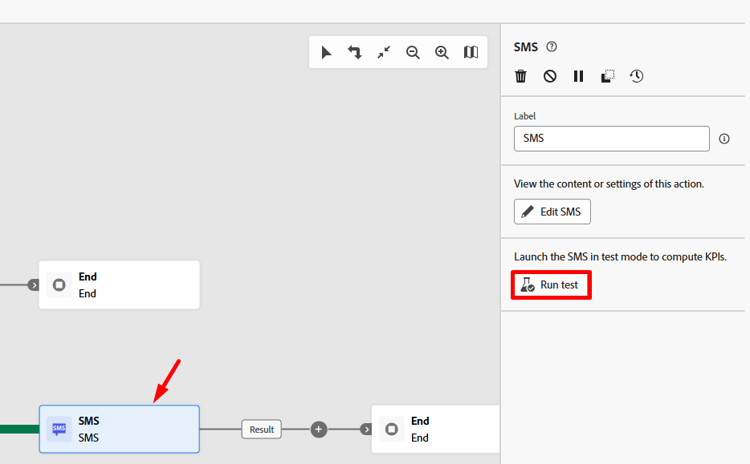 Run test button on the SMS activity