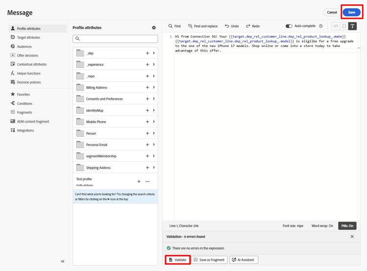 Validate and Save buttons in the message editor