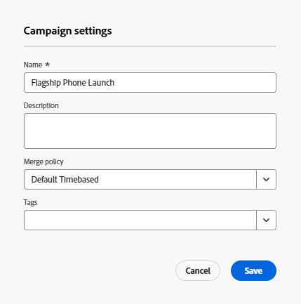 Campaign settings filled in with name and merge policy