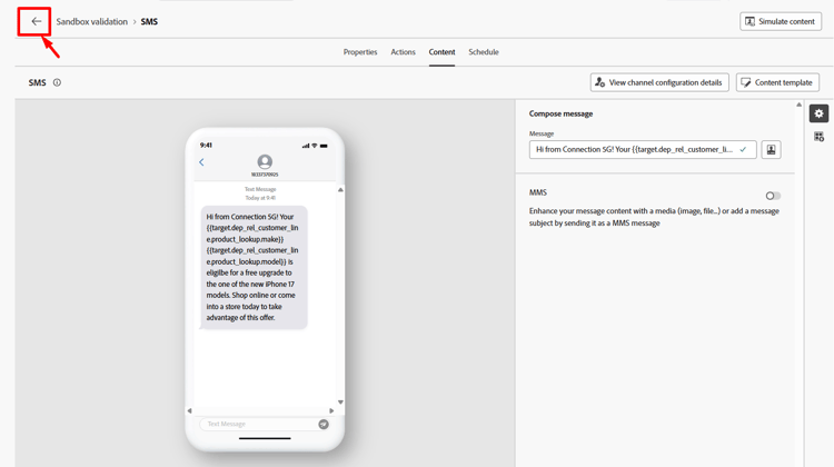 Back arrow to return to the workflow canvas